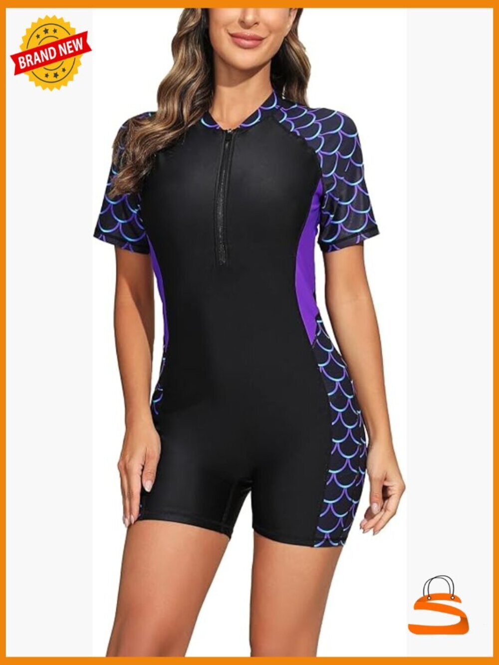 Women's UPF 50+ One Piece Rash Guard Zip Front Swimwear Boyleg
